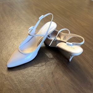New, never used Nine West heels, 8.5, nude patent leatherfront/ankle straps